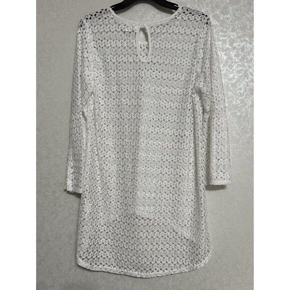 Nicole Marie Ivory Lace High‎ Low Hem Long Sleeve Tunic Swim Cover Mini Dress L - Picture 2 of 6